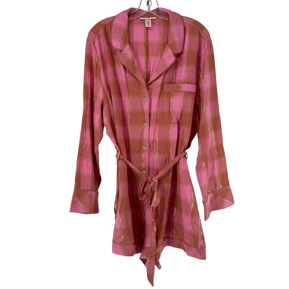 Victorias Secret Flannel Romper XL Pink Plaid Long Sleeve Belted Lounge Wear PJs - Picture 2 of 11